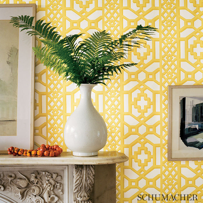 Schumacher Zanzibar Trellis Canary Wallpaper Sample 5006940