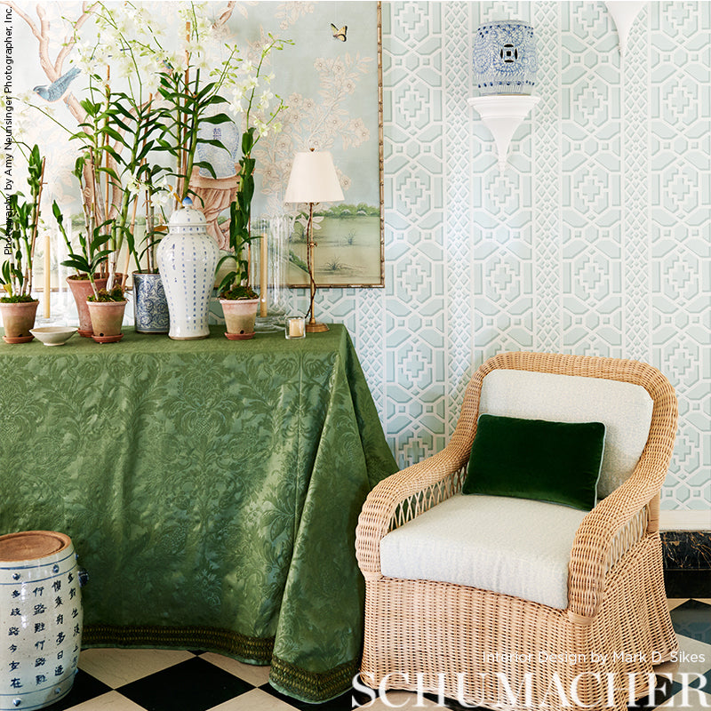 Schumacher Zanzibar Trellis Winter Mint Wallpaper Sample 5006942