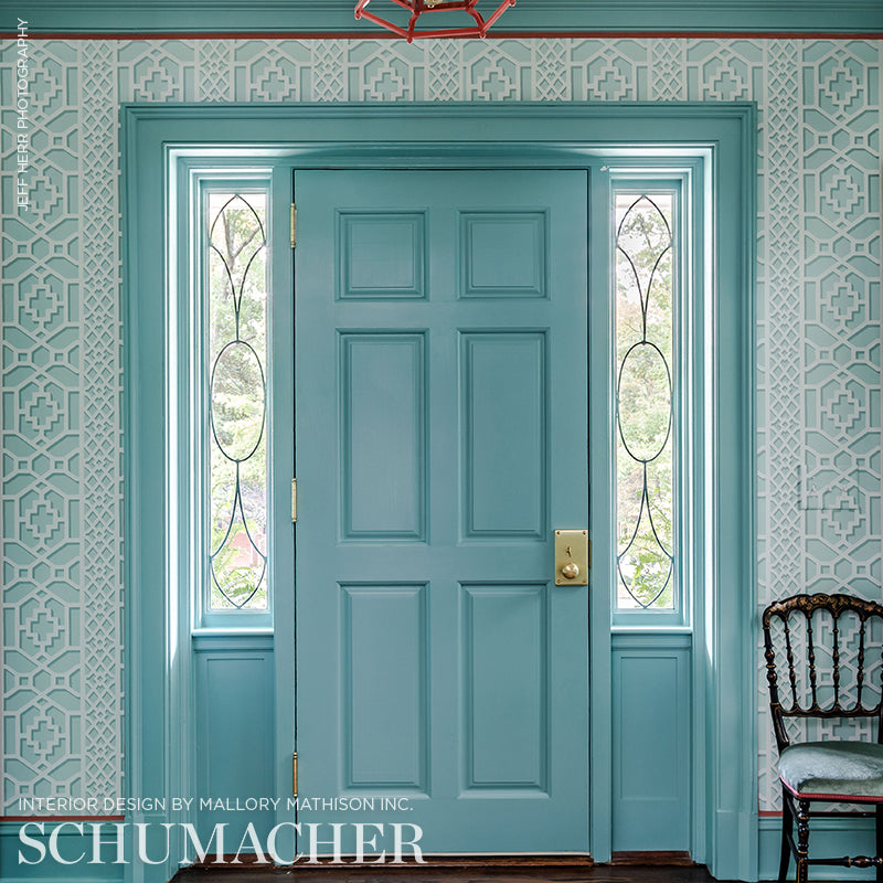 Schumacher Zanzibar Trellis Winter Mint Wallpaper Sample 5006942