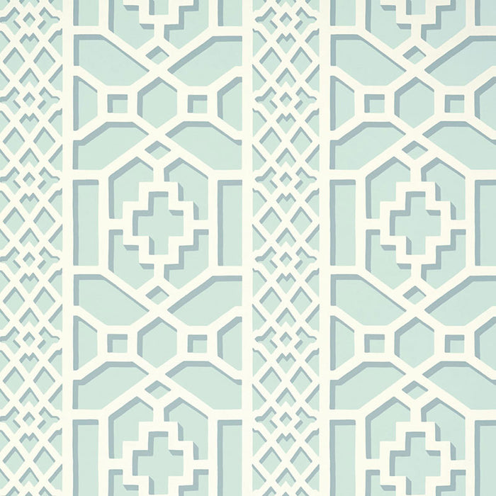 Schumacher Zanzibar Trellis Winter Mint Wallpaper Sample 5006942