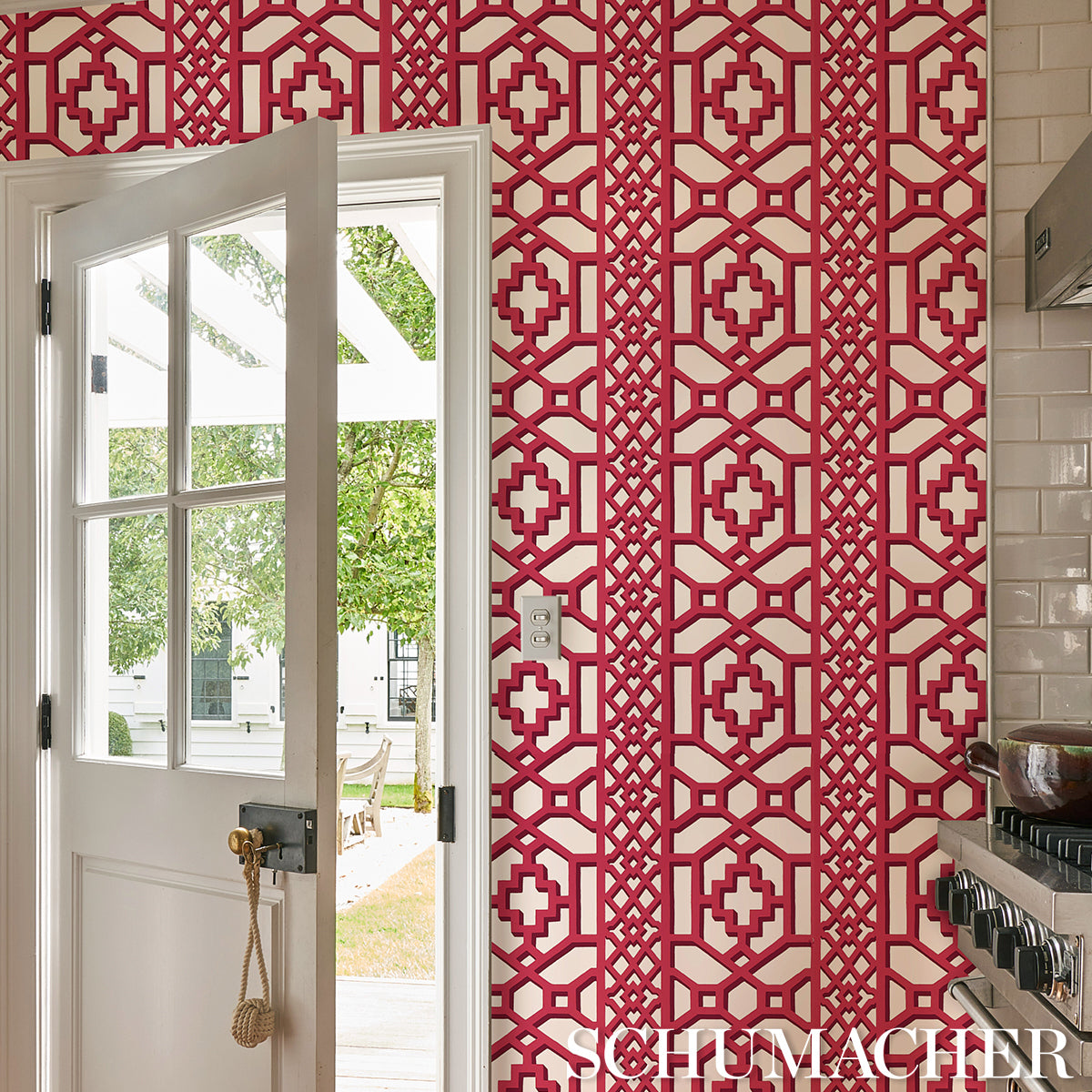 Schumacher Zanzibar Trellis Laquer Red Wallpaper Sample 5006948