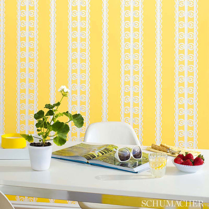 Schumacher Wicker Stripe Lemon Blossom Wallpaper 5007722