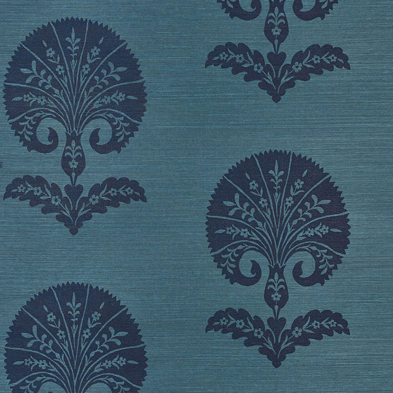 Schumacher Ottoman Flower Sisal Peacock Wallpaper 5008212