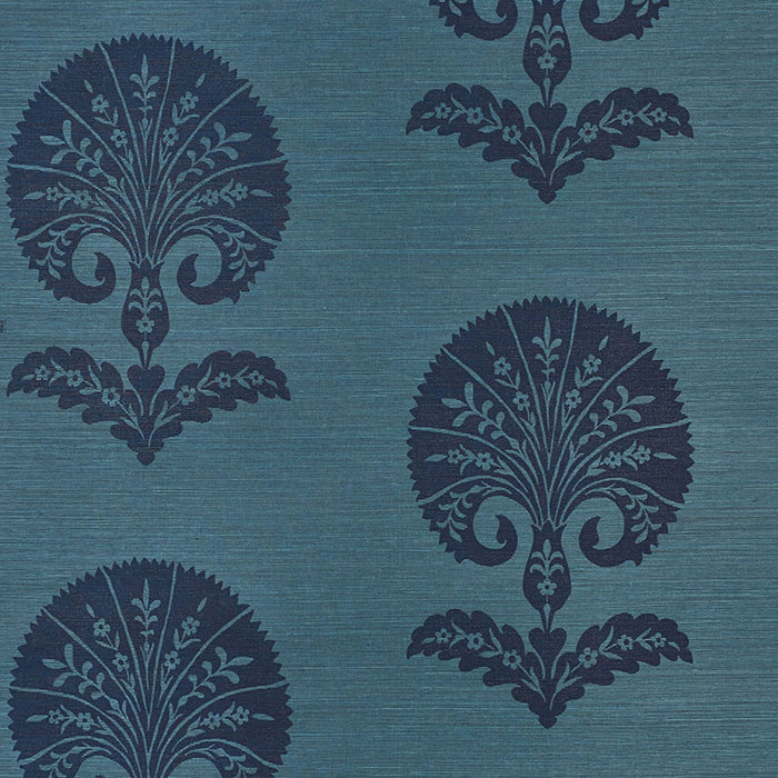 Schumacher Ottoman Flower Sisal Peacock Wallpaper Sample 5008212