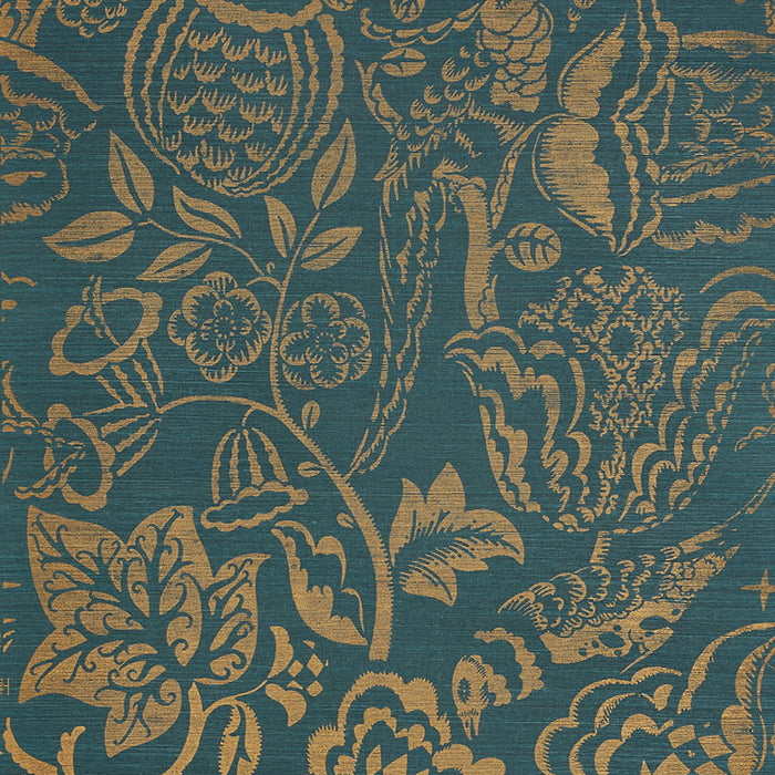 Schumacher Uccello Sisal Gold On Peacock Wallpaper 5008264