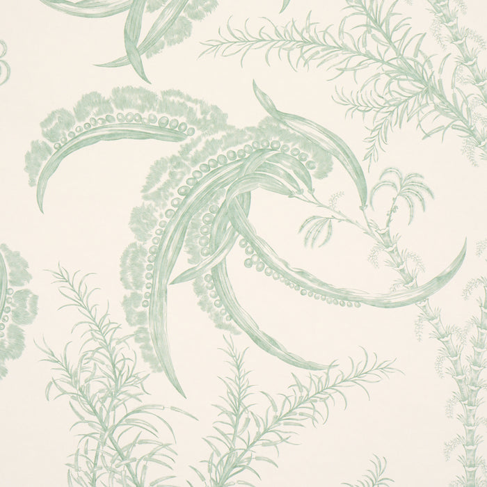 Schumacher Ocean Toile Eucalyptus On Linen Wallpaper Sample 5008721