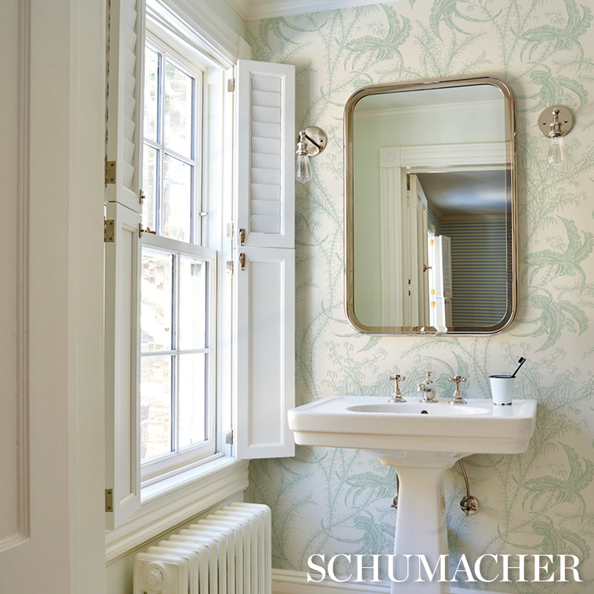 Schumacher Ocean Toile Eucalyptus On Linen Wallpaper 5008721