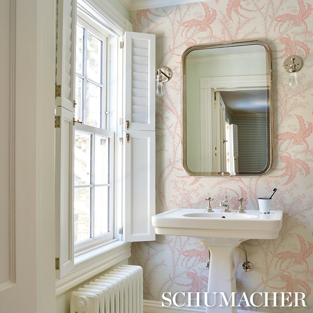 Schumacher Ocean Toile Coral Wallpaper 5008723