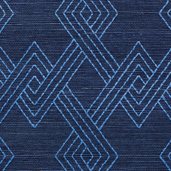 Schumacher Hix Embroidered Sisal Blue Wallpaper Sample 5008970