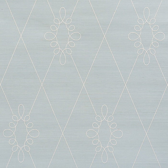 Schumacher Sylvie Embroidered Sisal Water Blue Wallpaper Sample 5009271