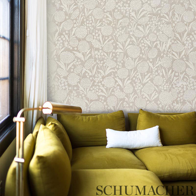 Schumacher Chrysanthemum Hemp Shimmer Moonstone Wallpaper Sample 5009790