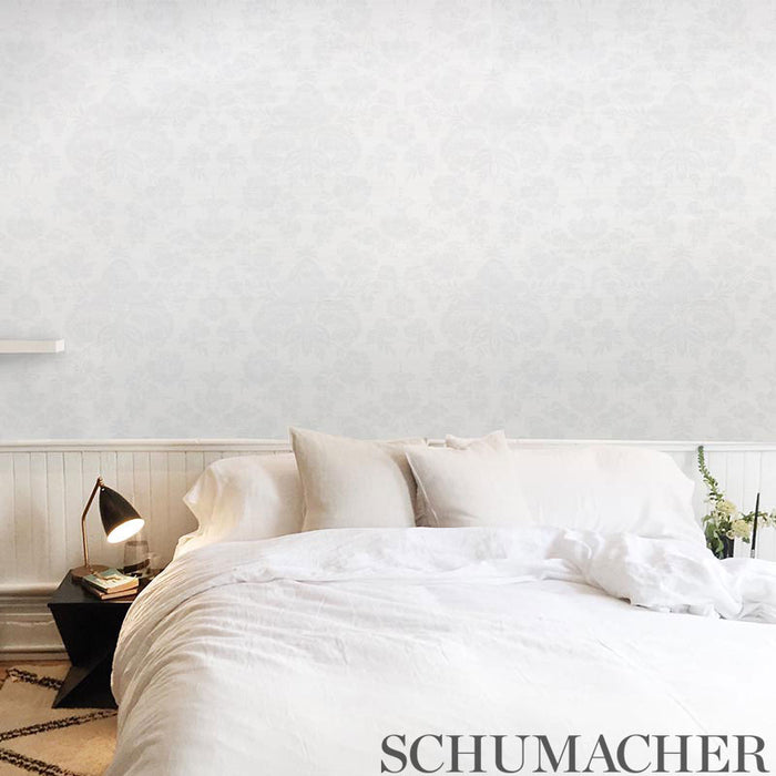 Schumacher Simone Damask Grasscloth Silver Wallpaper Sample 5010120