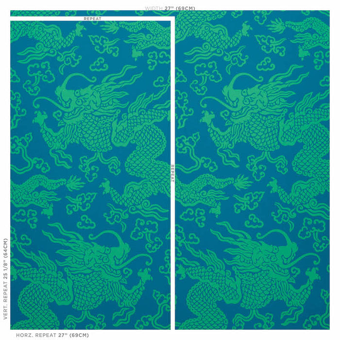 Schumacher Ruan Dragon Damask Peacock Wallpaper 5010882