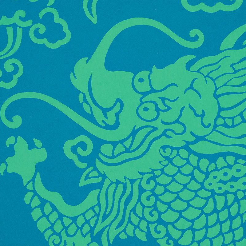 Schumacher Ruan Dragon Damask Peacock Wallpaper 5010882