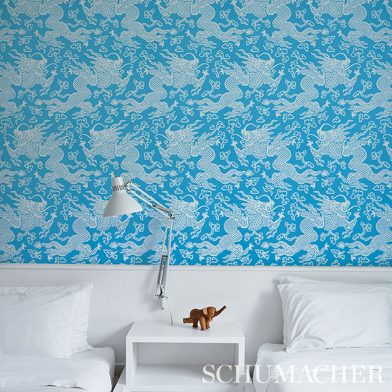 Schumacher Ruan Dragon Damask Peacock Wallpaper 5010882