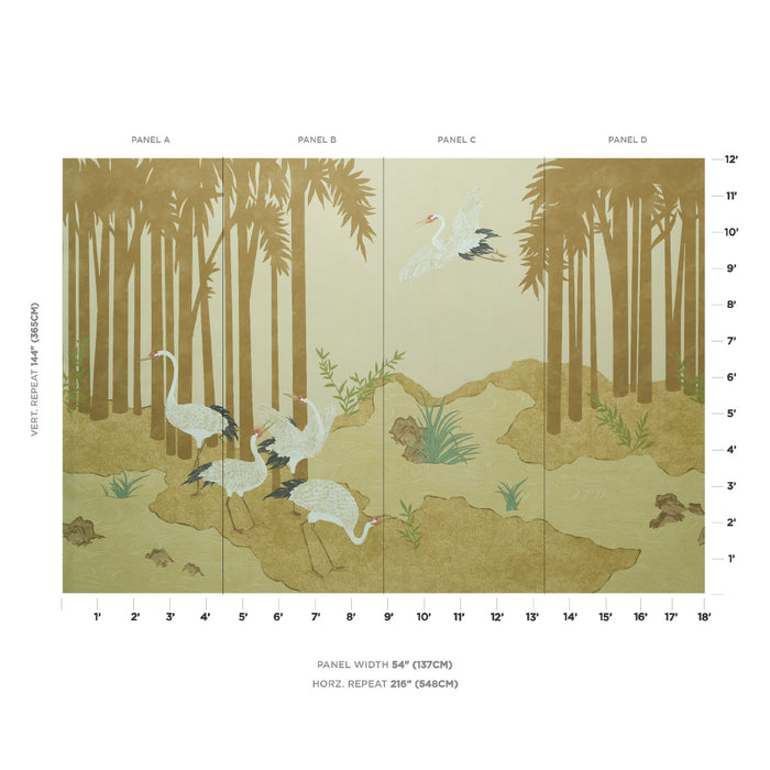 Schumacher Yashinoki Crane Panel Set Gold Wallpaper Sample 5011700