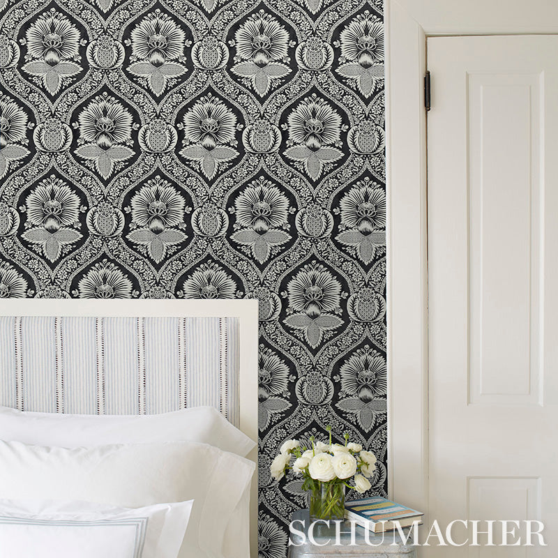 Schumacher Villandry Damask Print Blue Wallpaper 5011750