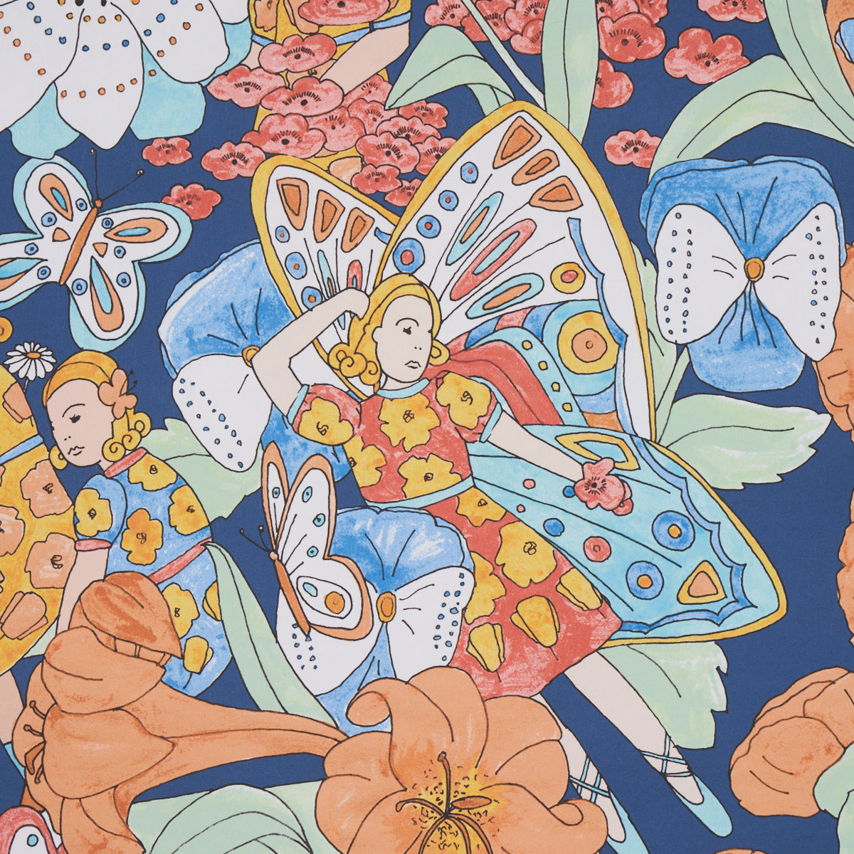 Schumacher Fairie Garden Orange And Navy Wallpaper 5013540