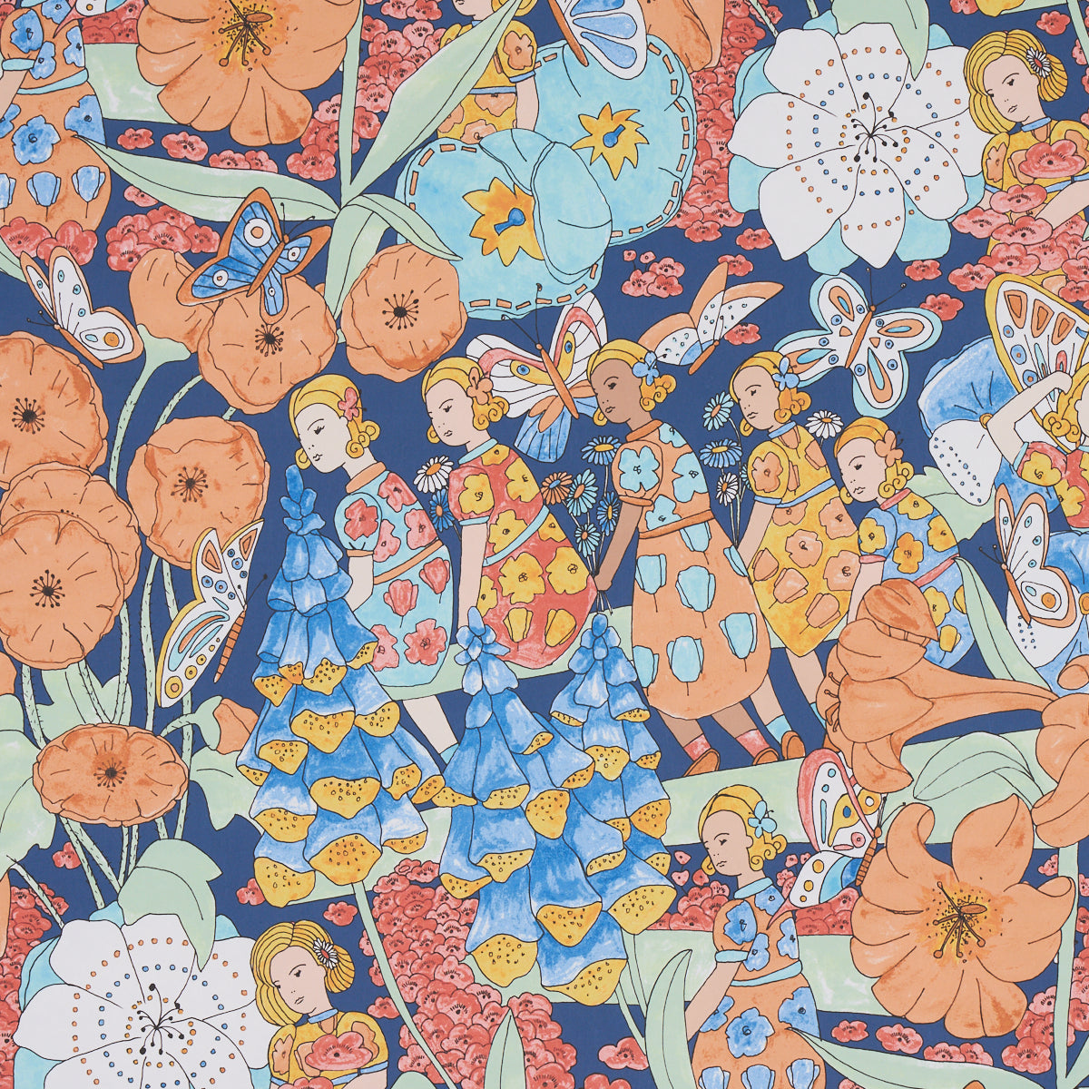 Schumacher Fairie Garden Orange And Navy Wallpaper 5013540