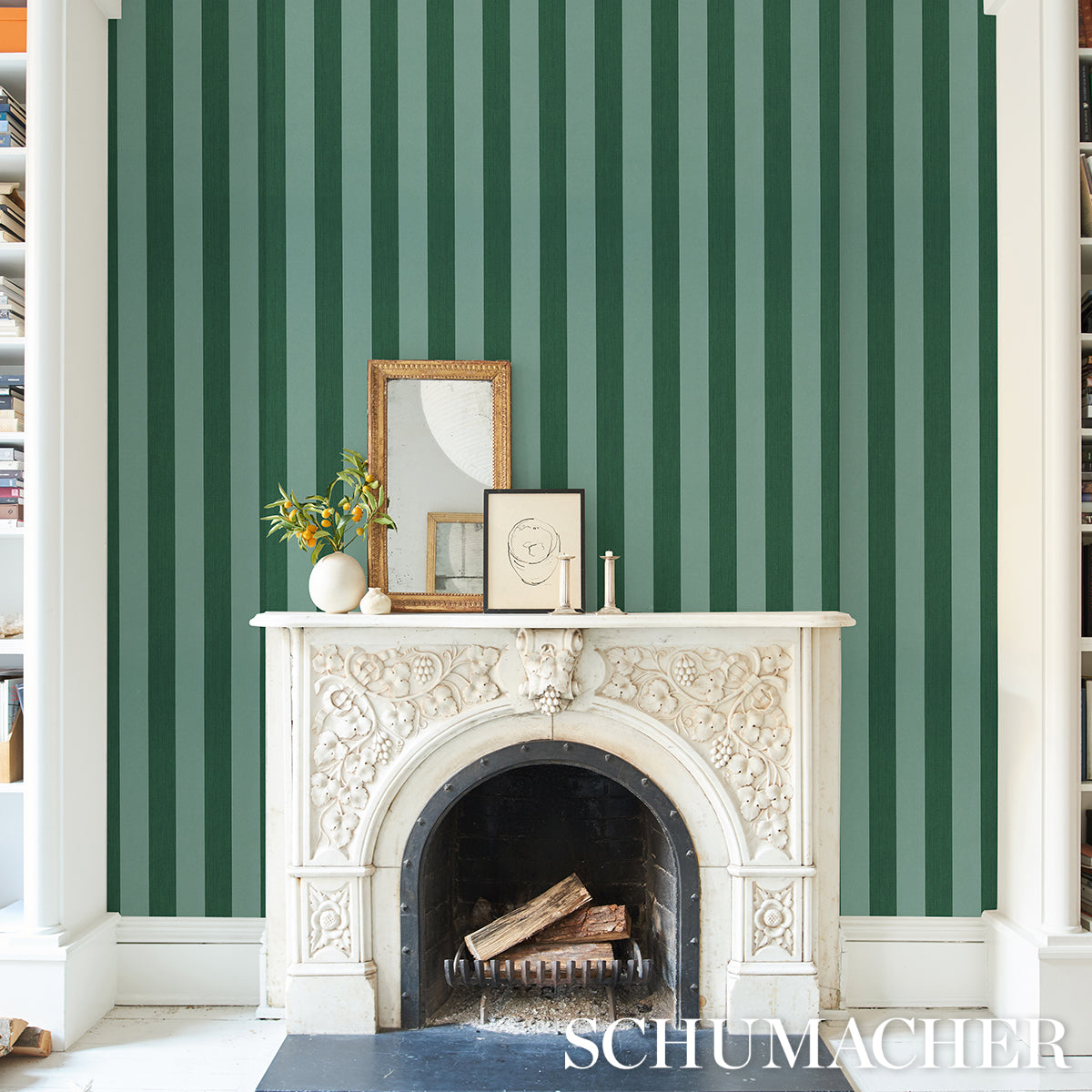 Schumacher Edwin Stripe Wide Dark Green Wallpaper 5013624