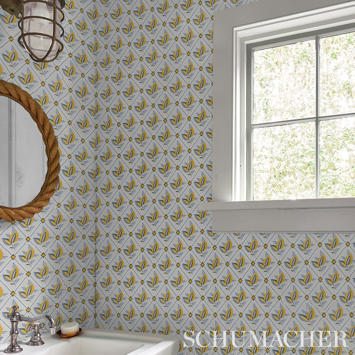 Schumacher Basile Trellis Yellow & Blue Wallpaper 5014230