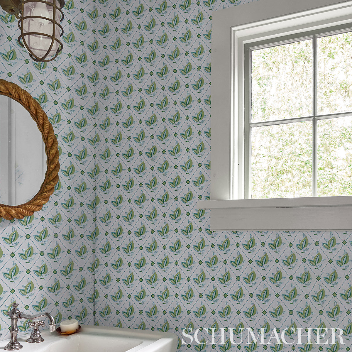 Schumacher Basile Trellis Leaf & Aqua Wallpaper 5014231