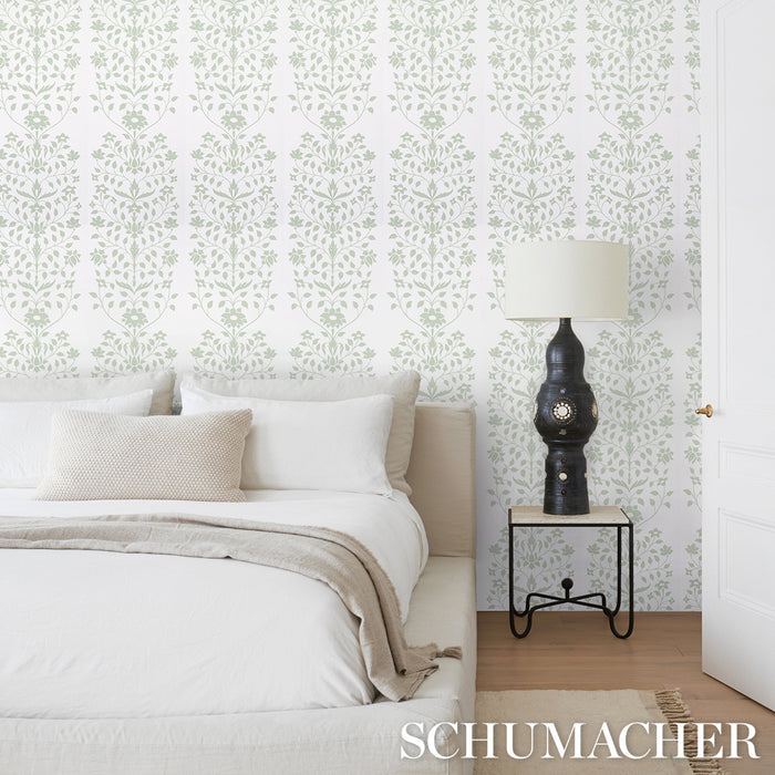 Schumacher Jaipur Mughal Flower Green Wallpaper Sample 5014461