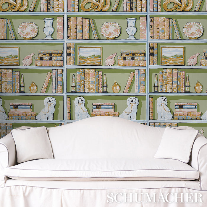 Schumacher Natalie’S Library Celadon Wallpaper Sample 5014730