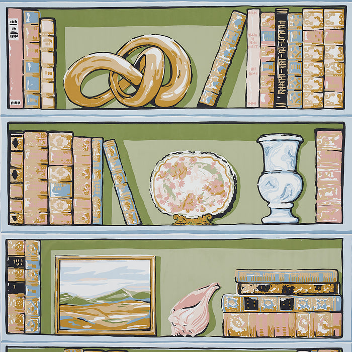 Schumacher Natalie’S Library Celadon Wallpaper Sample 5014730