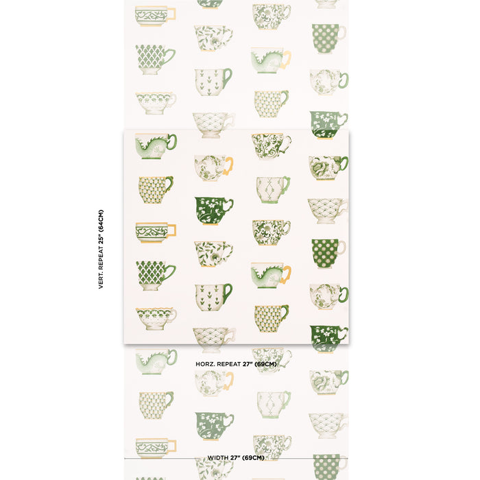 Schumacher Onie's Teacups Spring Green Wallpaper Sample 5014781