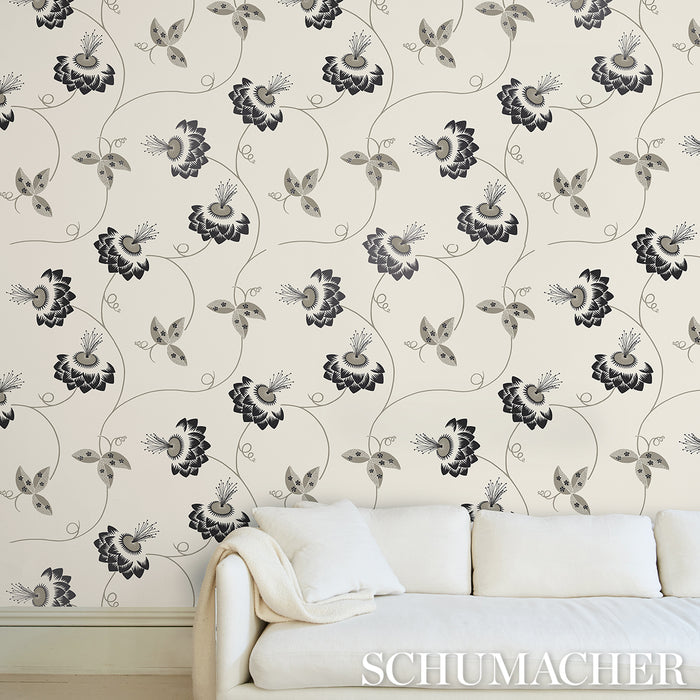 Schumacher Merlin Black & Cream Wallpaper Sample 5015050