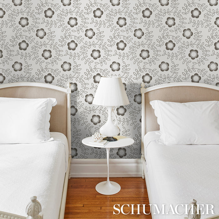 Schumacher Tudor Rose Charcoal White Wallpaper 5015100