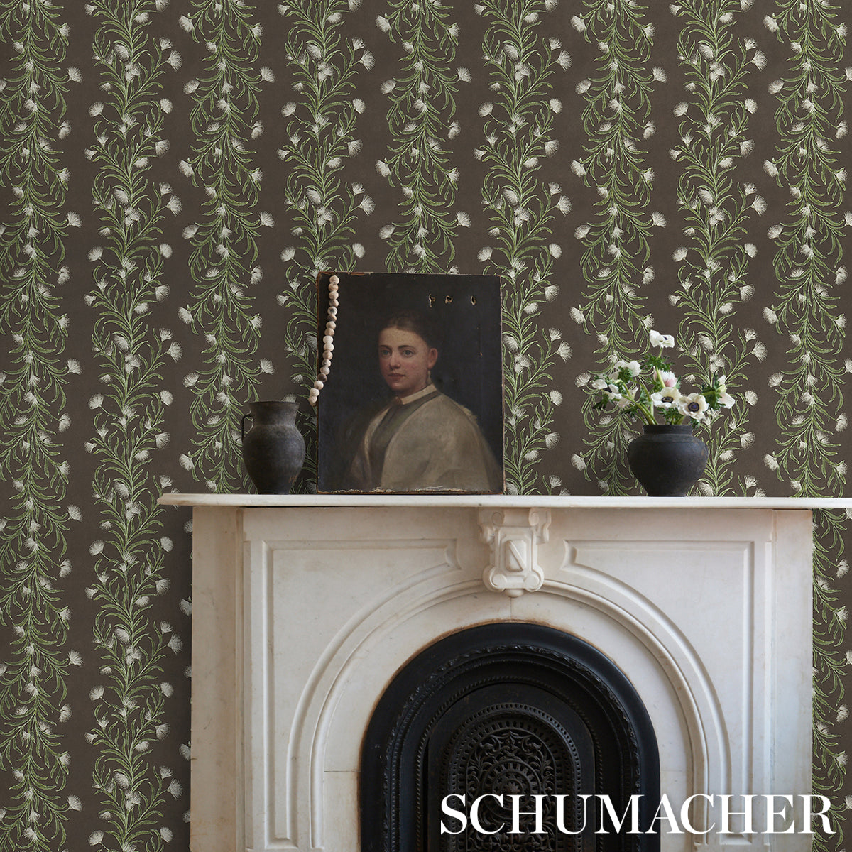 Schumacher Tasmanian Mimosa Brown & Green Wallpaper 5015361