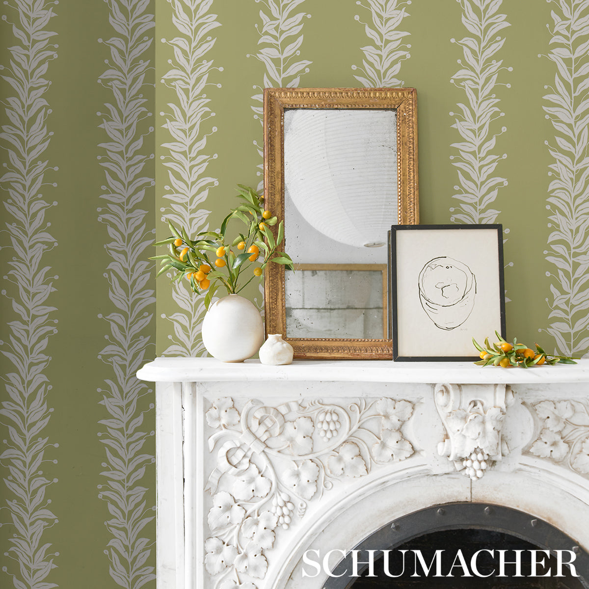 Schumacher Tendril Stripe Olive Wallpaper 5015492