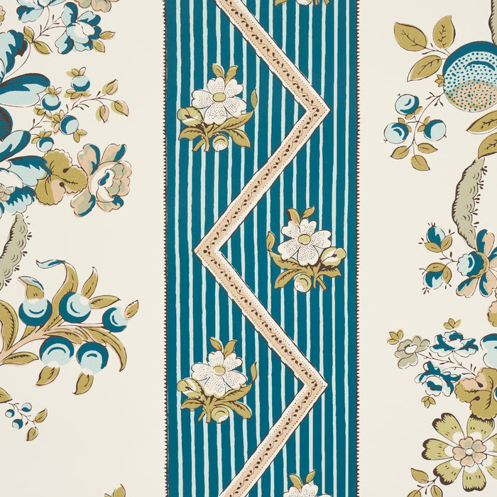 Schumacher Sylvain Floral Stripe Teal Wallpaper 5015540