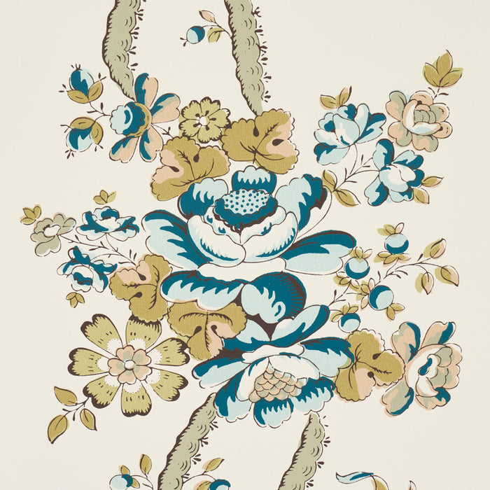 Schumacher Sylvain Floral Stripe Teal Wallpaper 5015540