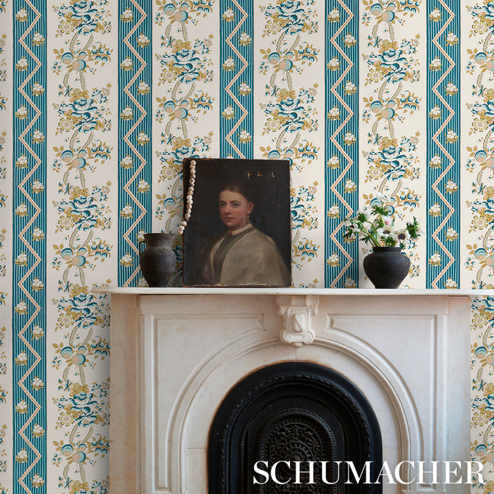 Schumacher Sylvain Floral Stripe Teal Wallpaper 5015540