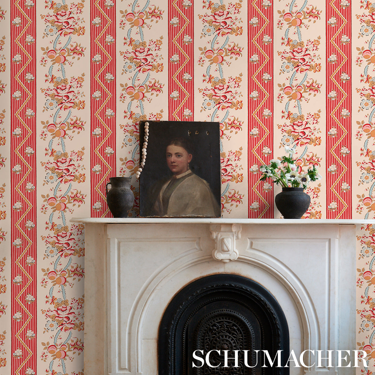 Schumacher Sylvain Floral Stripe Rouge Wallpaper 5015541