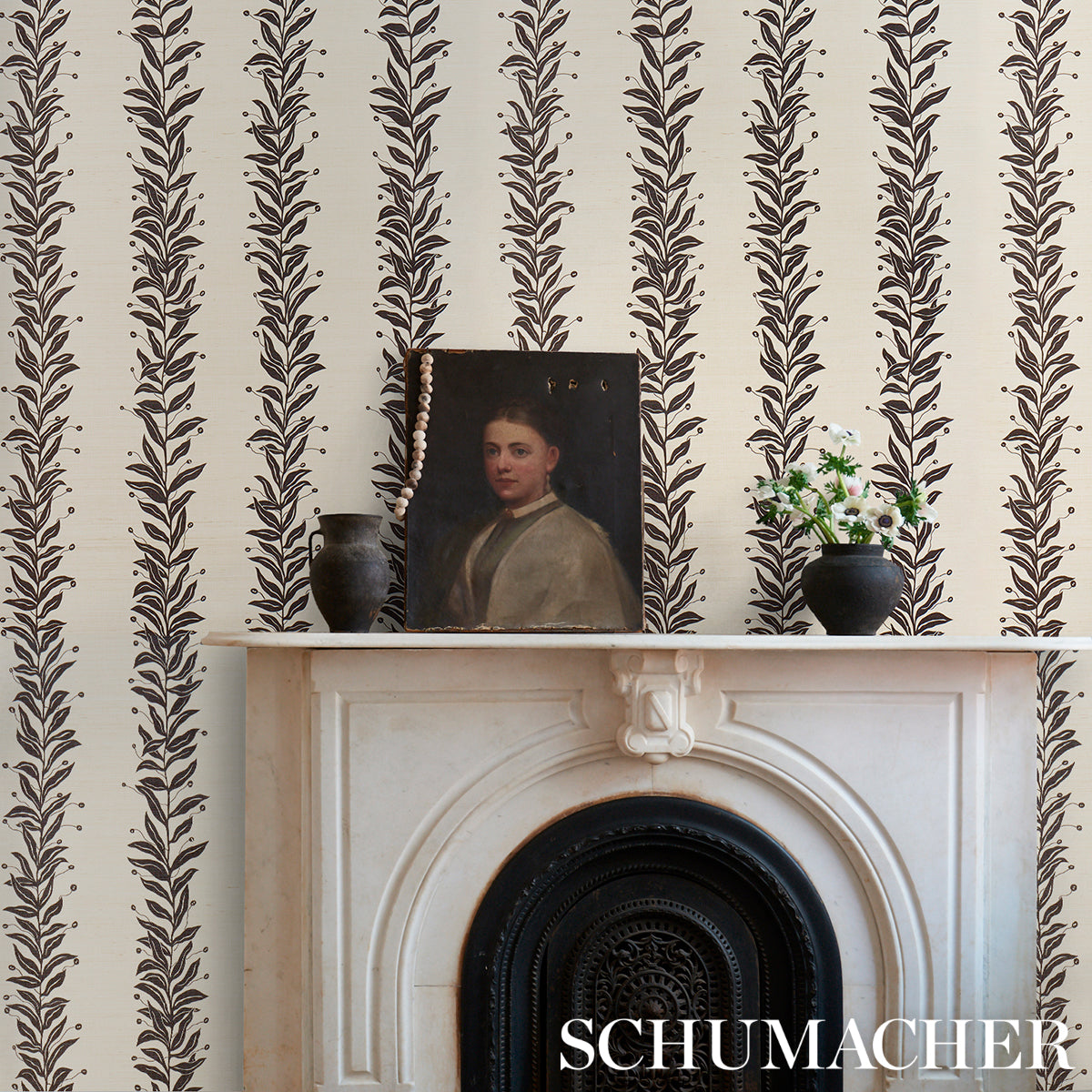 Schumacher Tendril Stripe Sisal Black & Cream Wallpaper 5015562