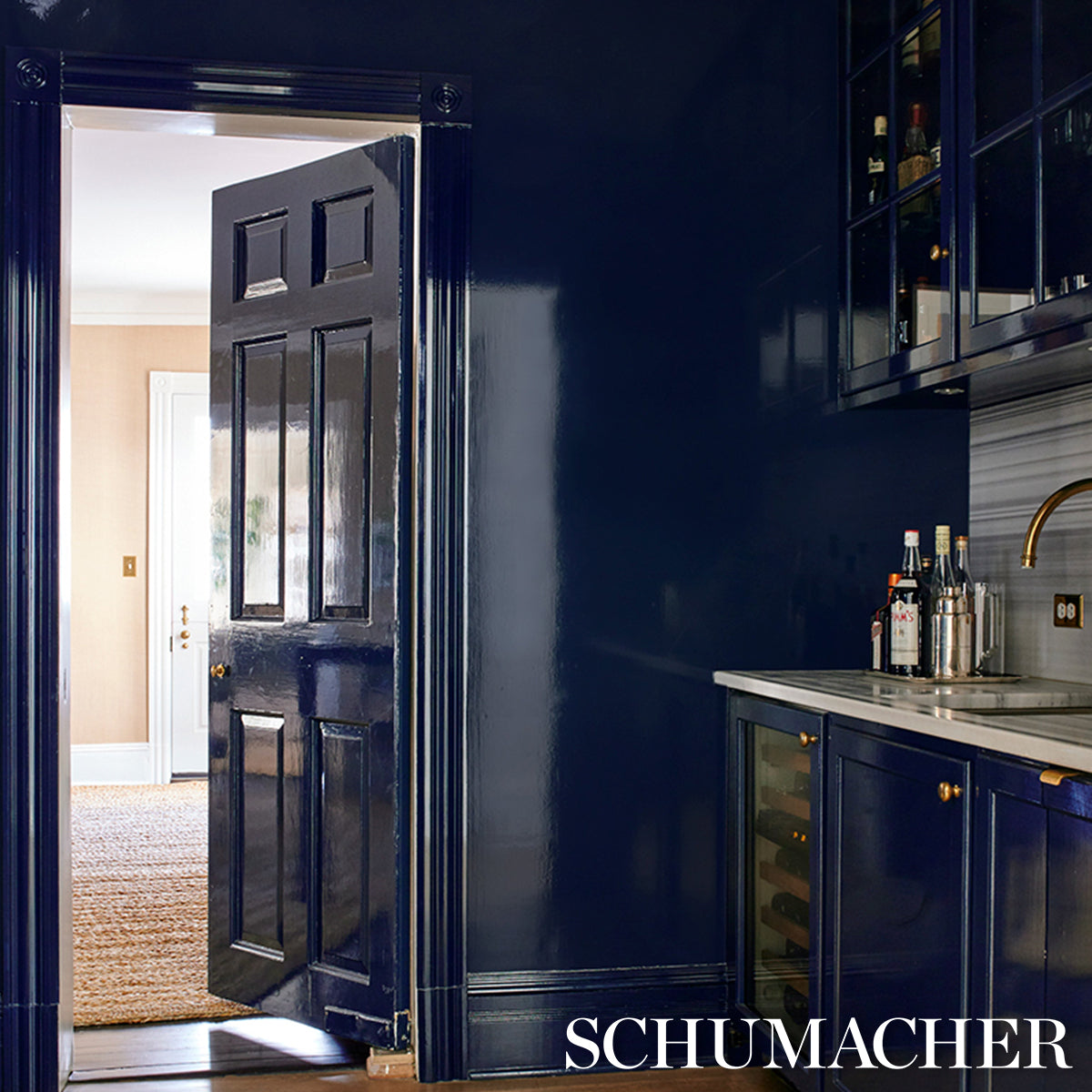 Schumacher Ace Faux Lacquer Performance Vinyl Navy Wallpaper 5015941