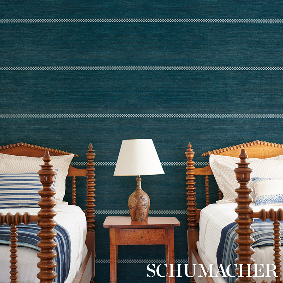 Schumacher Checkered Stripe Sisal Peacock Wallpaper 5016752