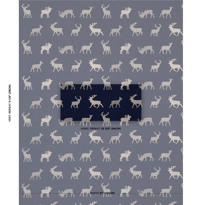 Schumacher Caribou Embroidery Navy Fabric 67162