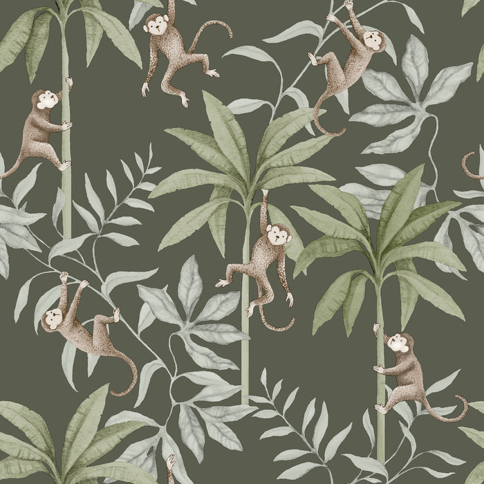 Schumacher Jungle Friends Pewter Green Wallpaper 6935