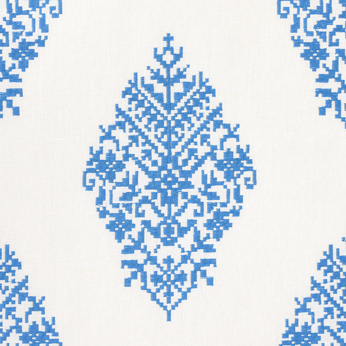 Schumacher Zinda Embroidery Blue On Ivory Fabric Sample 70225