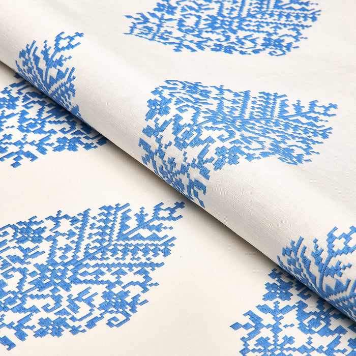 Schumacher Zinda Embroidery Blue On Ivory Fabric 70225