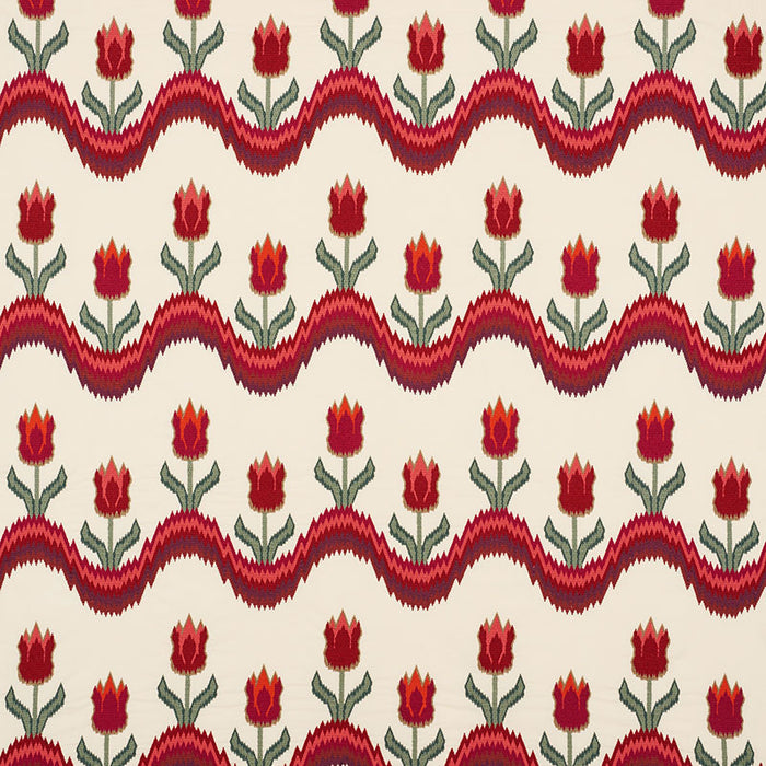 Schumacher Tulip Flamestitch Embroidery Vermilion Fabric Sample 70271