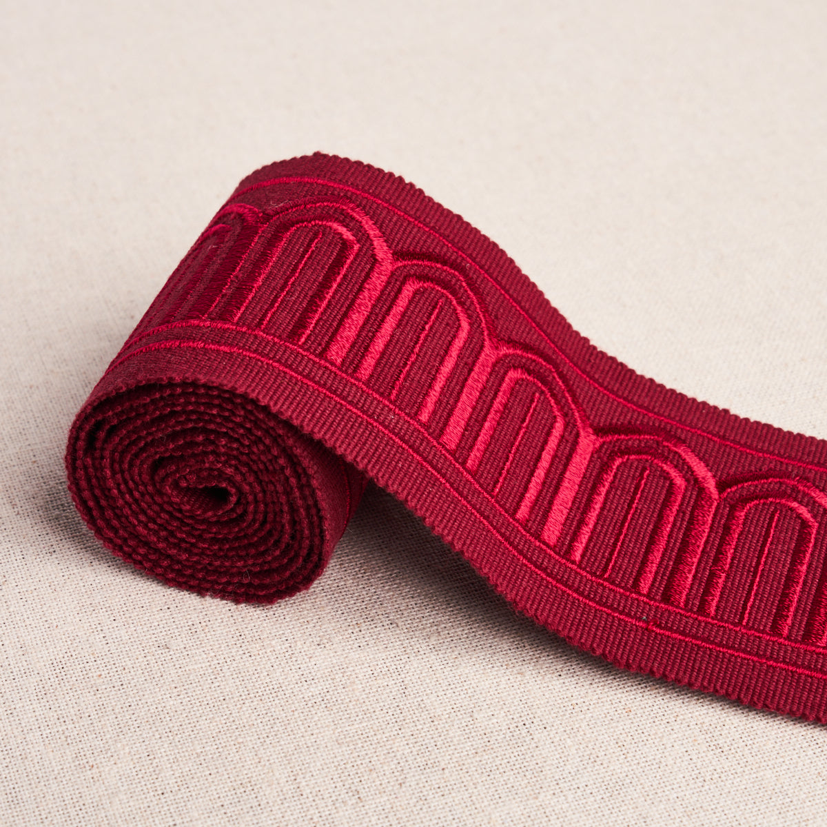 Schumacher Arches Embroidered Tape Medium Red Trim Sample 70769