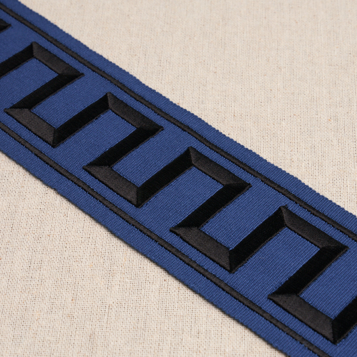 Schumacher Greek Key Embroidered Tape Black On Navy Trim Sample 70803