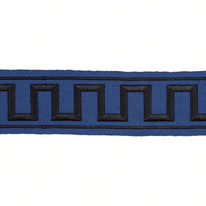 Schumacher Greek Key Embroidered Tape Black On Navy Trim Sample 70803