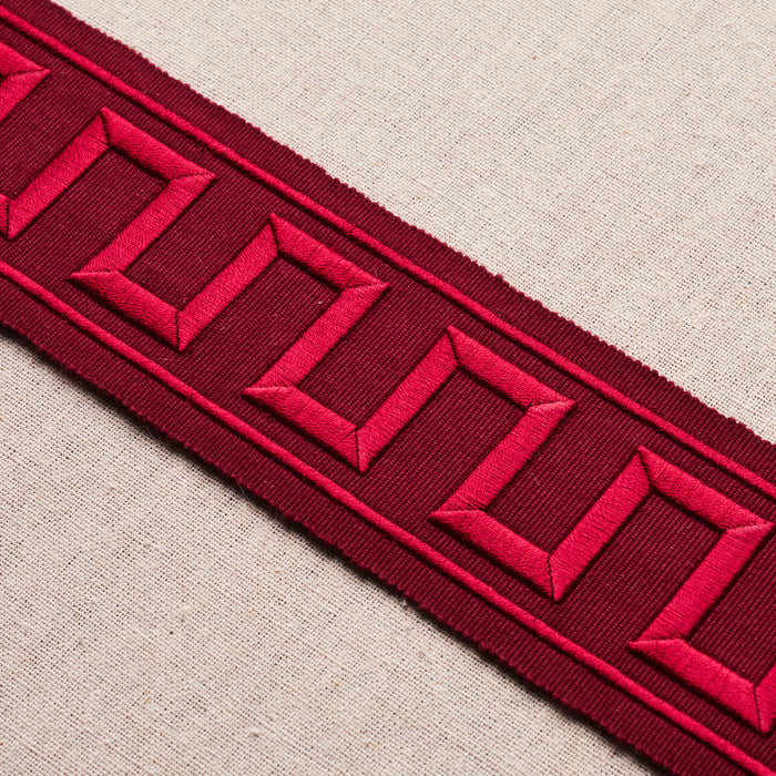 Schumacher Greek Key Embroidered Tape Burgundy Trim Sample 70805